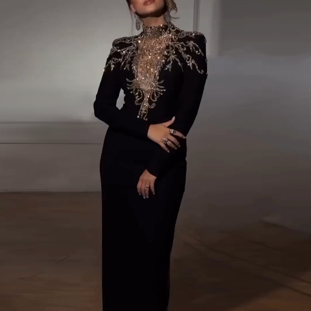 Elegant Black Long Sleeves Evening Dresses with Gold Beaded SS217