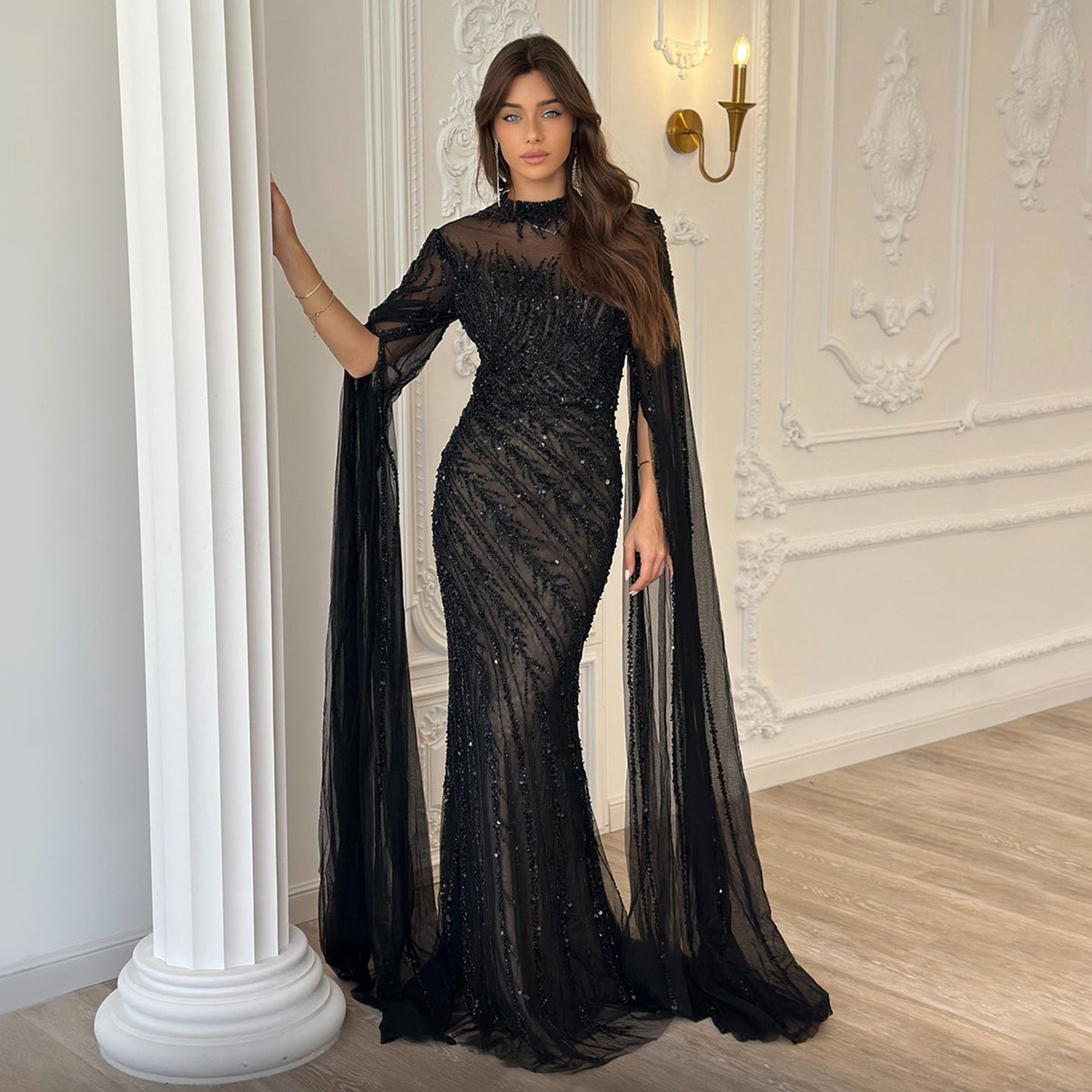 Luxury Black Nude Mermaid Evening Dresses with Cape Sleeves SS162