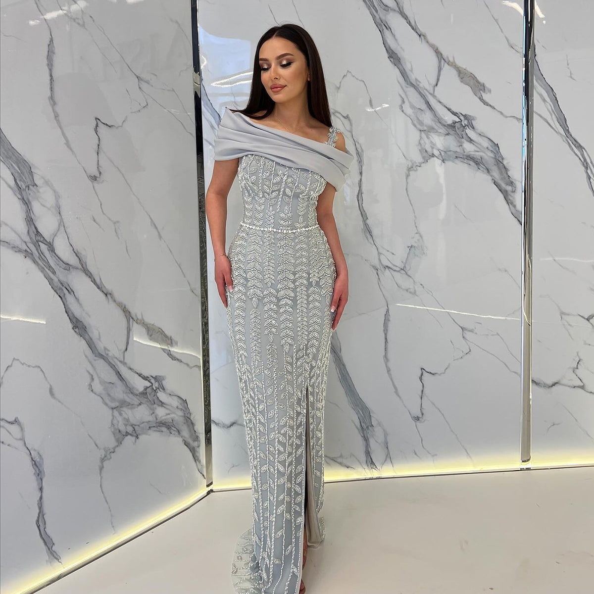 Elegant Off Shoulder Silver Evening Dress with Slit SS713