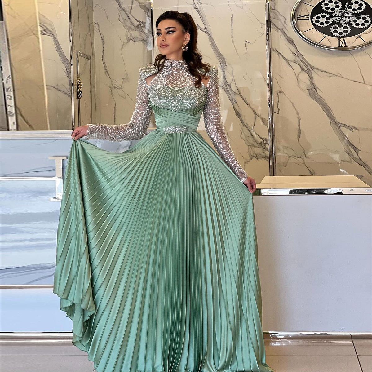 Chic Green Pleated Evening Dress with Beaded Long Sleeves SS674
