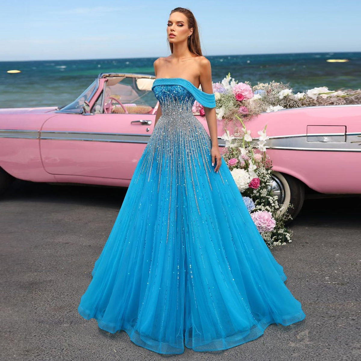 Luxury Blue Off Shoulder Evening Dress SS191L