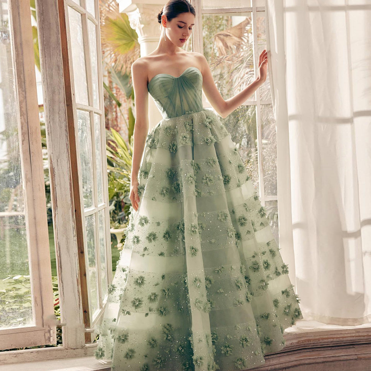 Luxury Sage Green 3D Flowers Sweetheart Evening Dress with Cape SS346