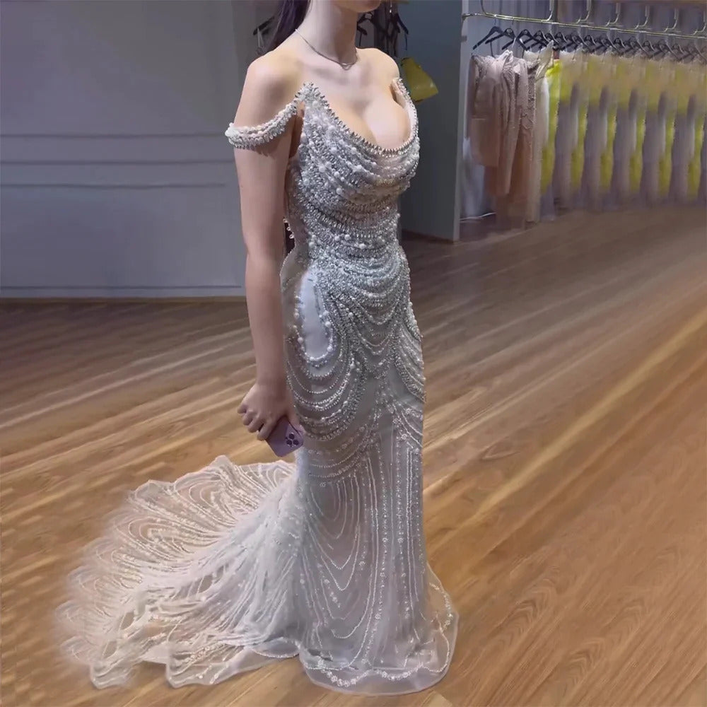 Luxury Crystal Silver Gray Mermaid Evening Dresses SS403