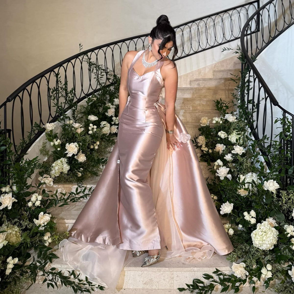 Luxury Satin Pink Evening Dress with 3D Floral Overskirt SF408