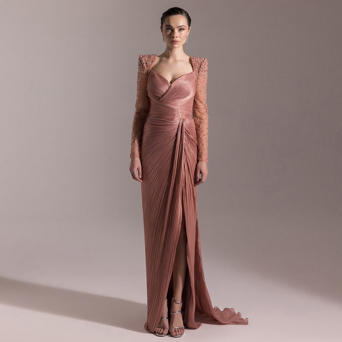 Luxury Crystal Long Sleeves Evening Dress with Overskirt and Slit SF409