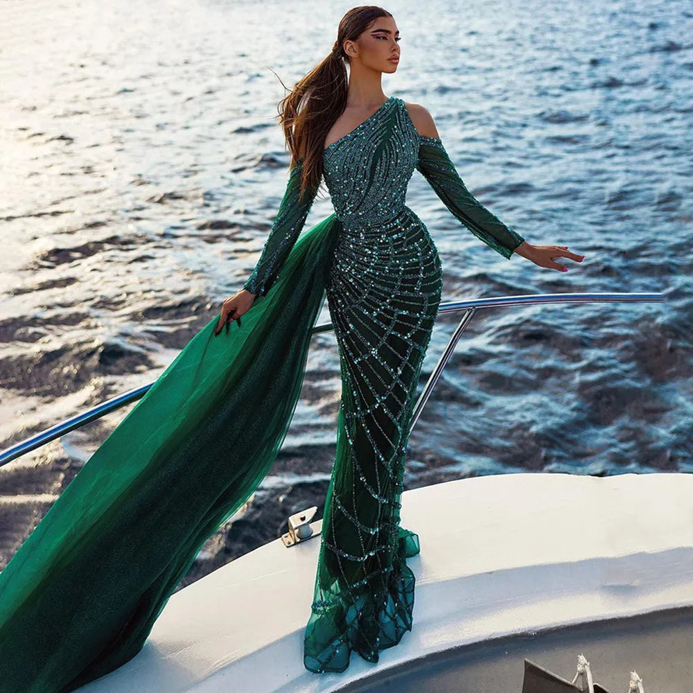 Elegant Emerald Green Mermaid Evening Dress with Overskirt SS197