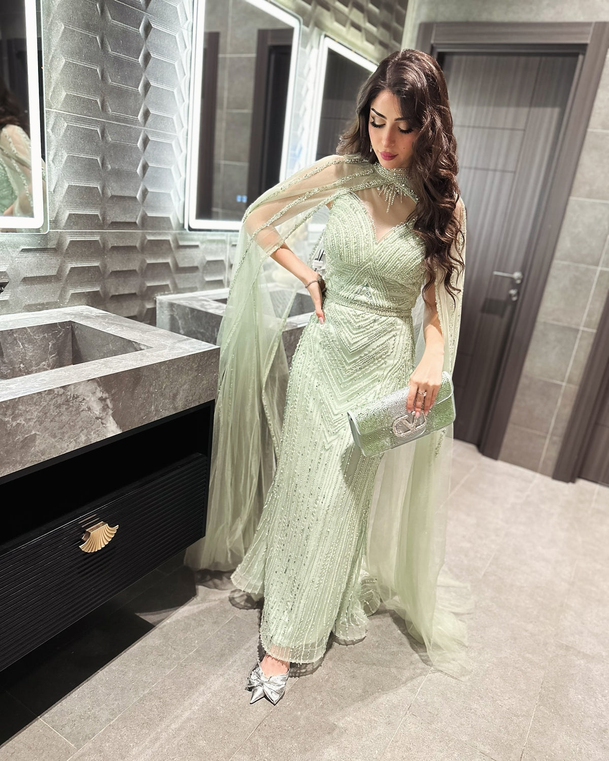 Luxury Beaded Sage Green Mermaid Evening Dress with Cape Sleeve SS164