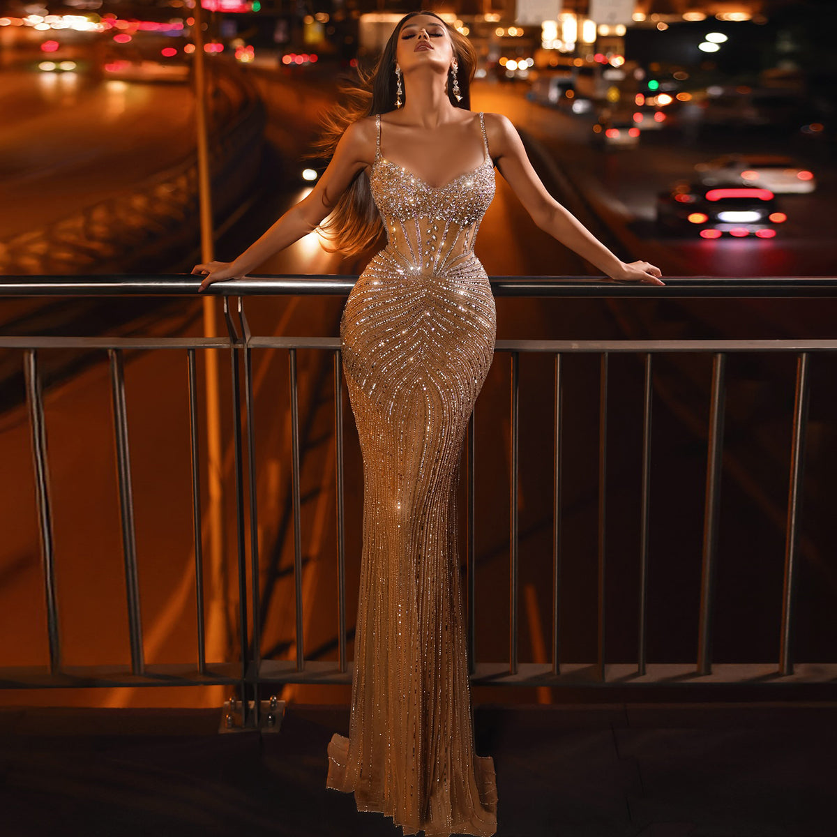 Luxury Crystal Champagne Mermaid Evening Dress SS292