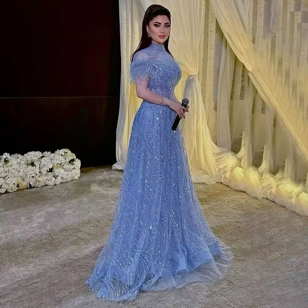Luxury High Neck Blue Feathers Evening Dress SS660