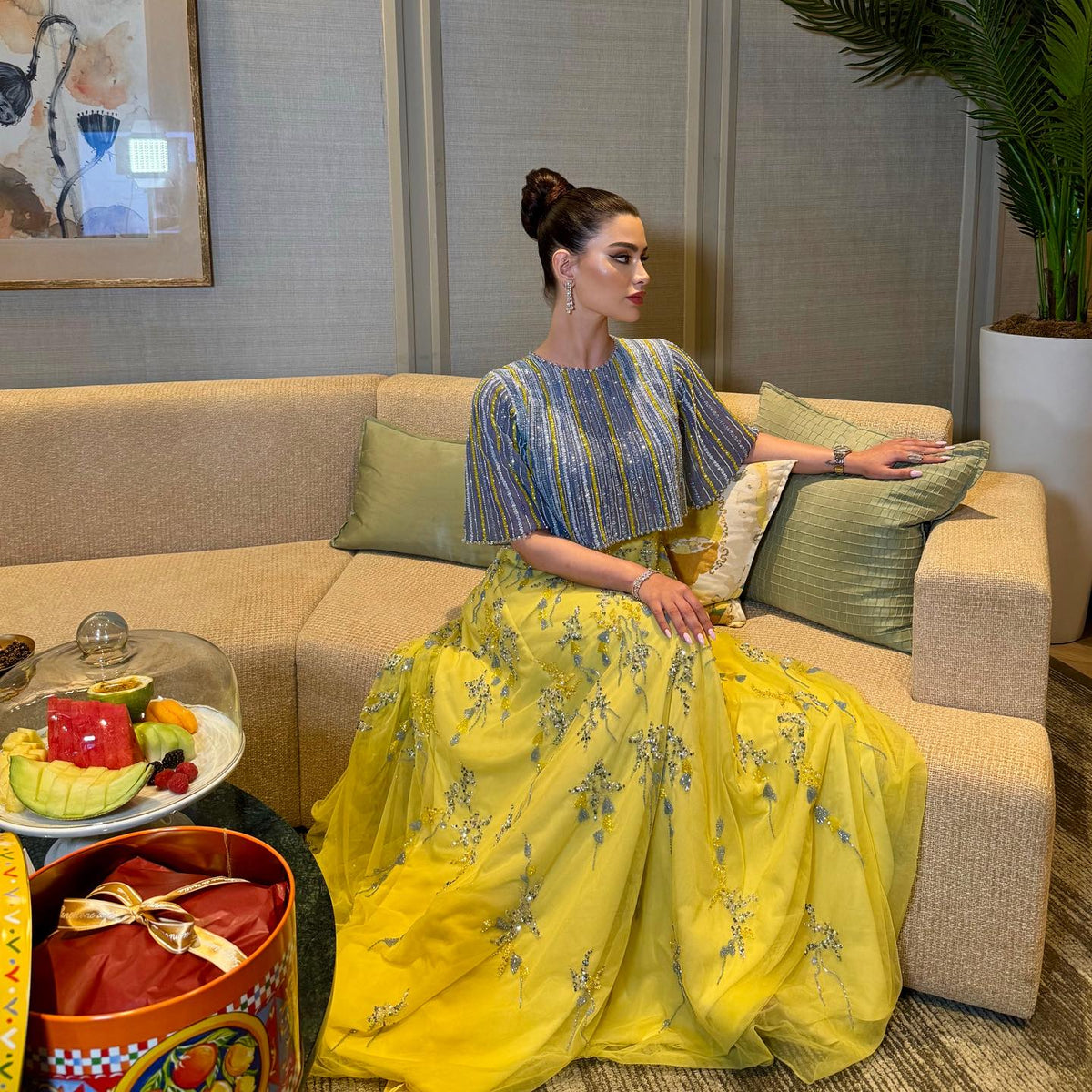 Luxury Blue Yellow 2 Pieces A-Line Half Sleeves Evening Dress SS490