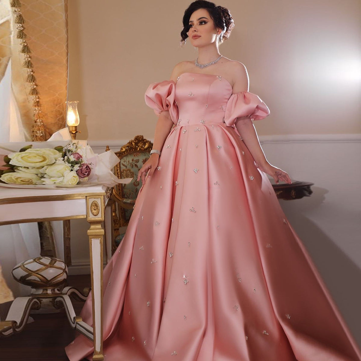 Elegant Crystal Blush Pink Satin Evening Dresses with Cap Sleeves SS442