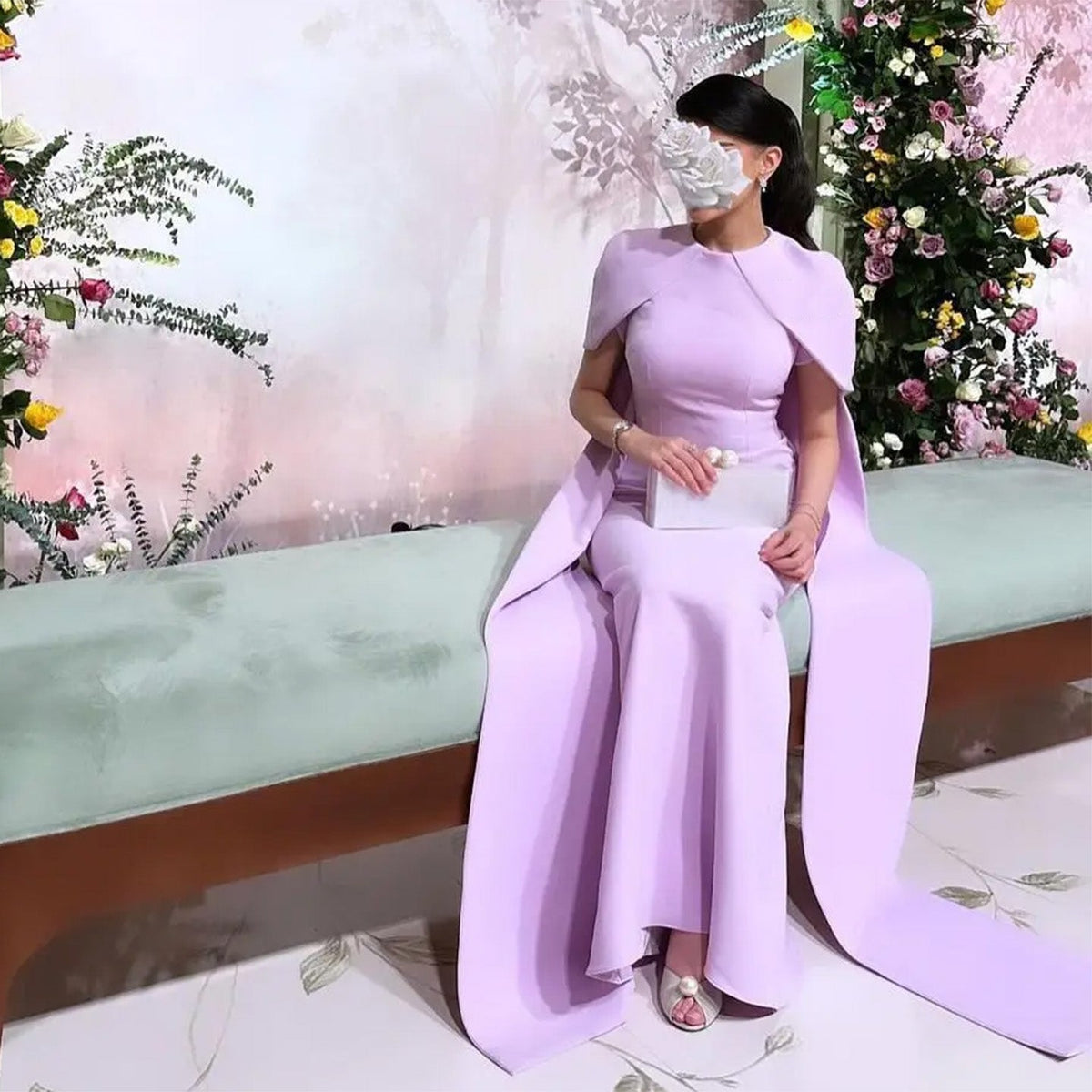 Simple Lilac Straight Evening Dress with Cape SF033