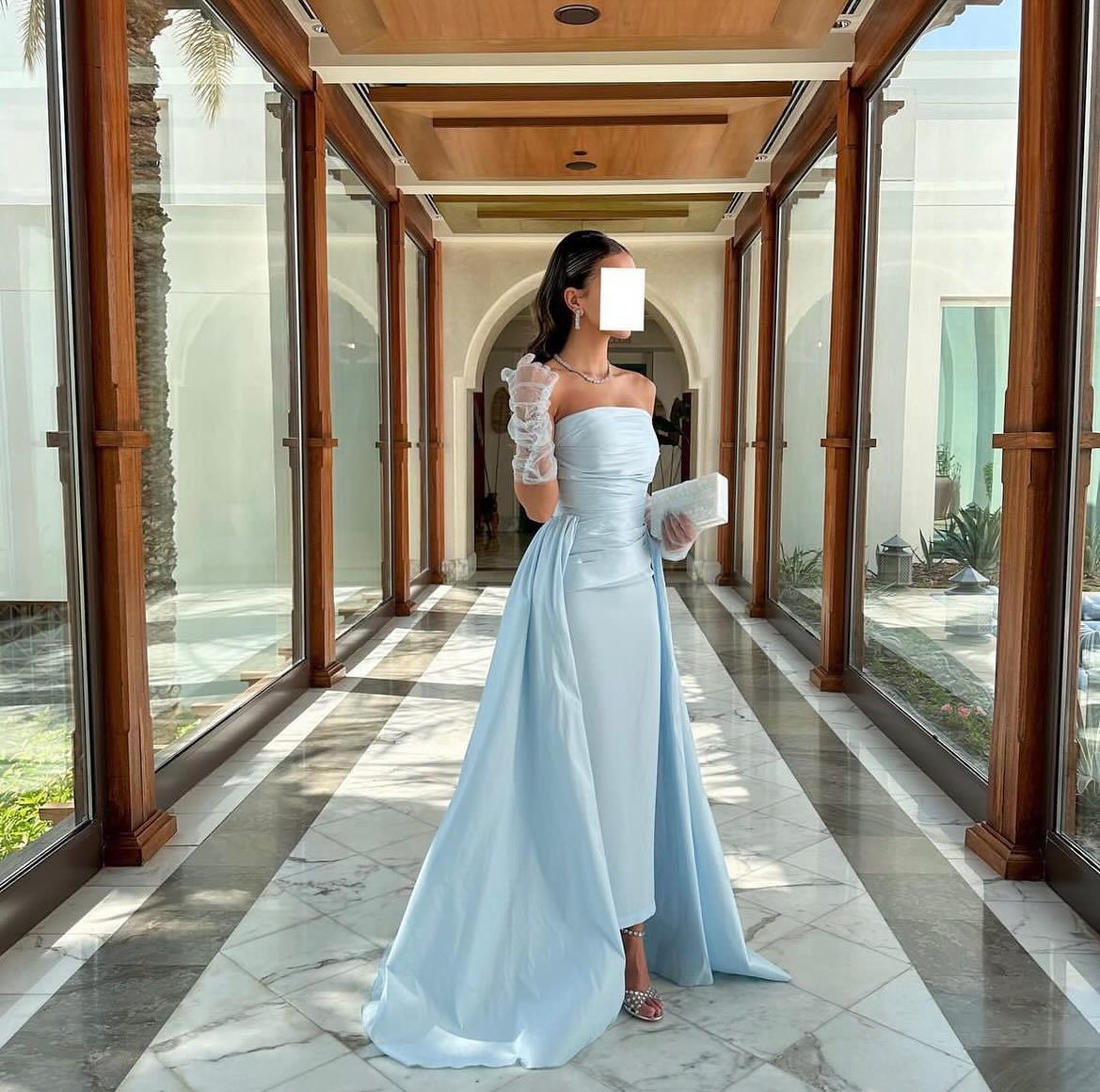 Elegant Sky Blue Strapless Satin Evening Dress with Overskirt SF229