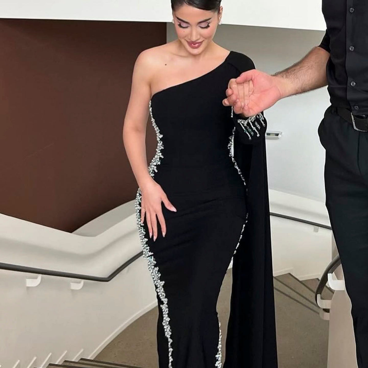 Elegant Black One Shoulder Mermaid Evening Dress with Cape Sleeves SS389