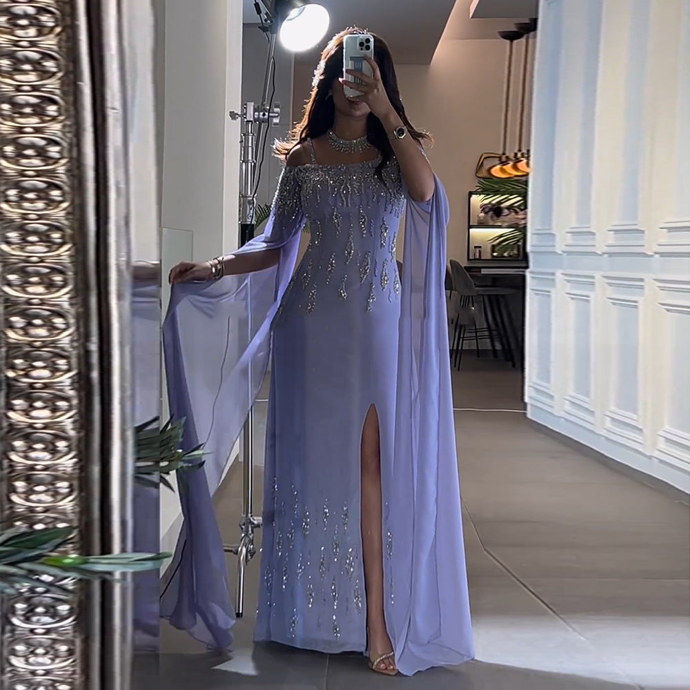 Luxury Beaded Lilac Mermaid Evening Dress with Cape Sleeves SS448
