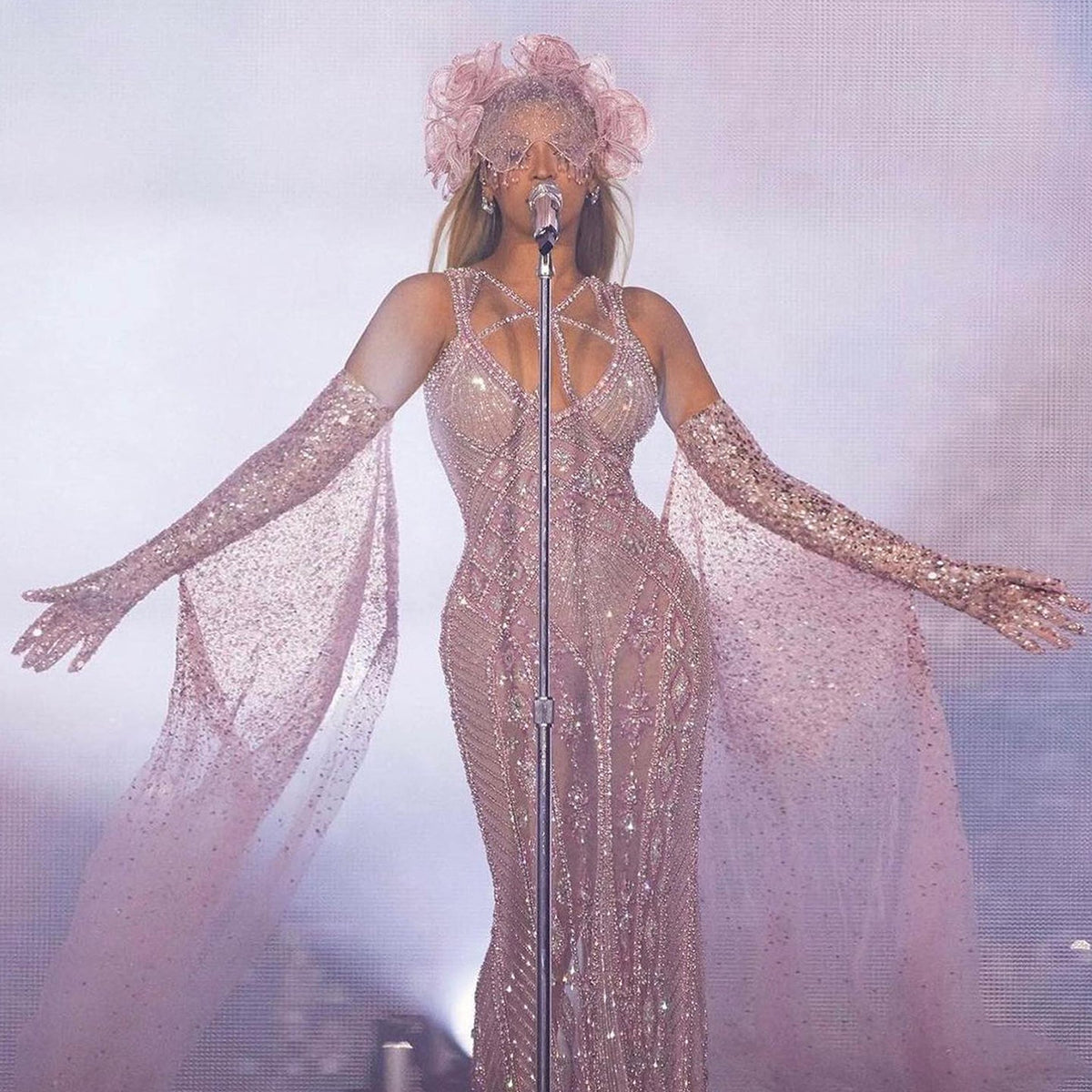 Luxury Beaded Lilac Long Straight Evening Dress with Gloves SS437