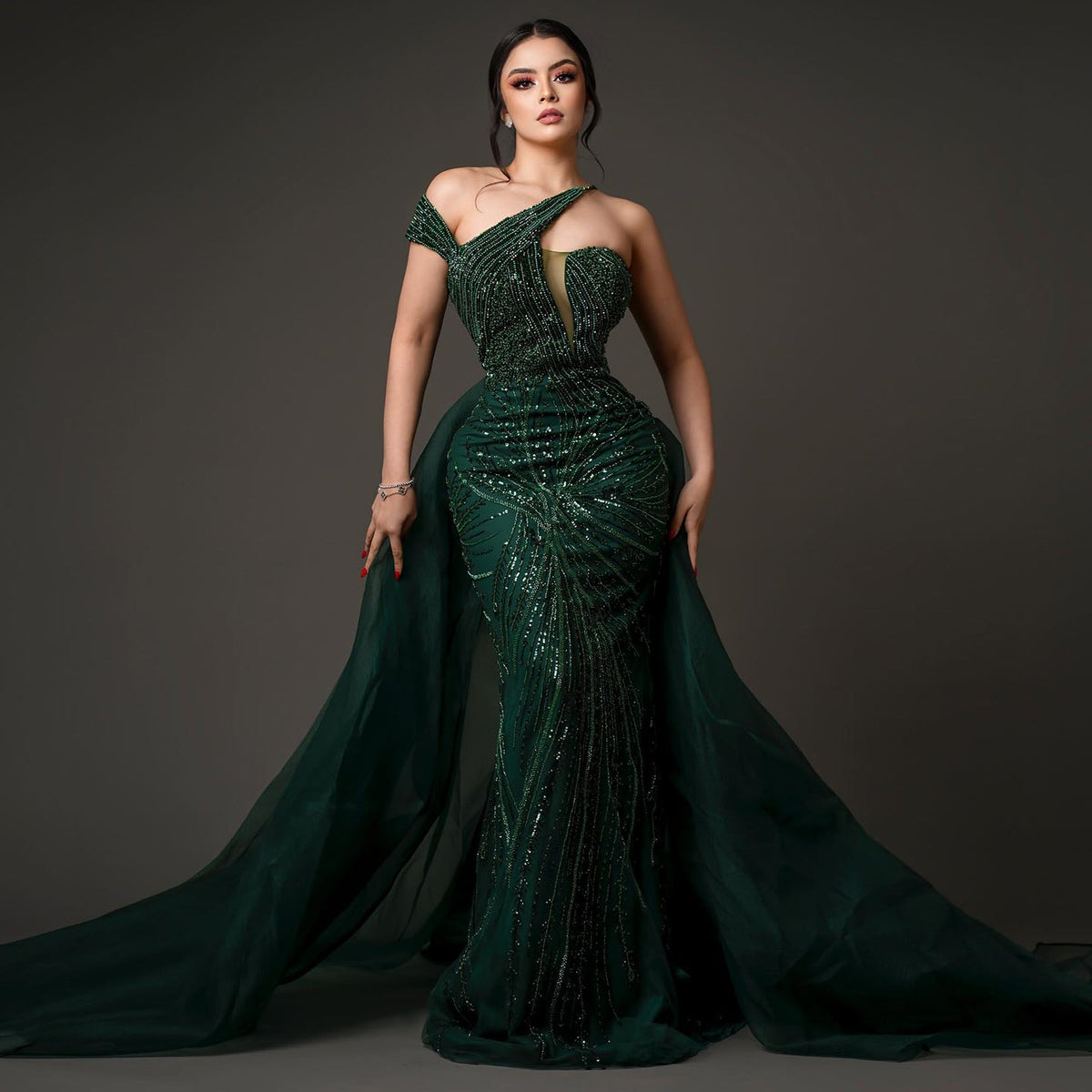 Luxury Emerald Green Mermaid Evening Dress with Overskirt SS128