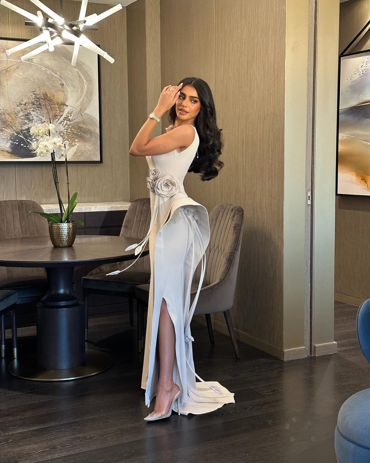 Luxury Khaki 3D Floral Evening Dress with Overskirt SF417