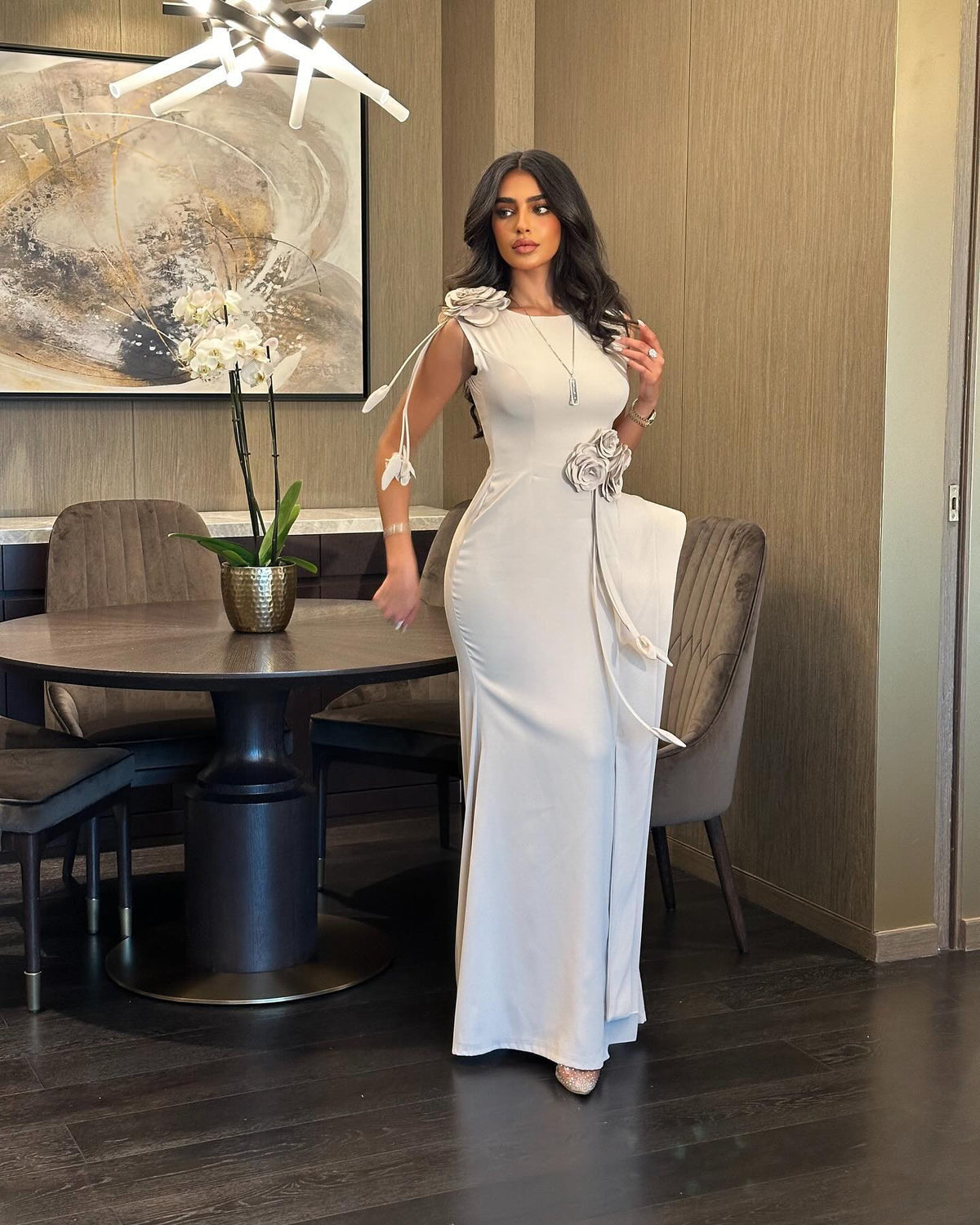 Luxury Khaki 3D Floral Evening Dress with Overskirt SF417