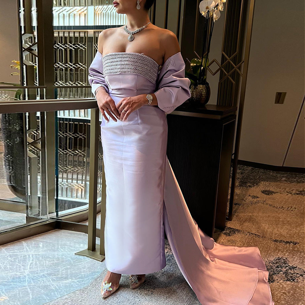 DreamyVow Luxury Dubai Lilac Arabic Evening Dresses with Bow Cape Beaded 2023 Elegant Women Wedding Formal Party Gowns 319