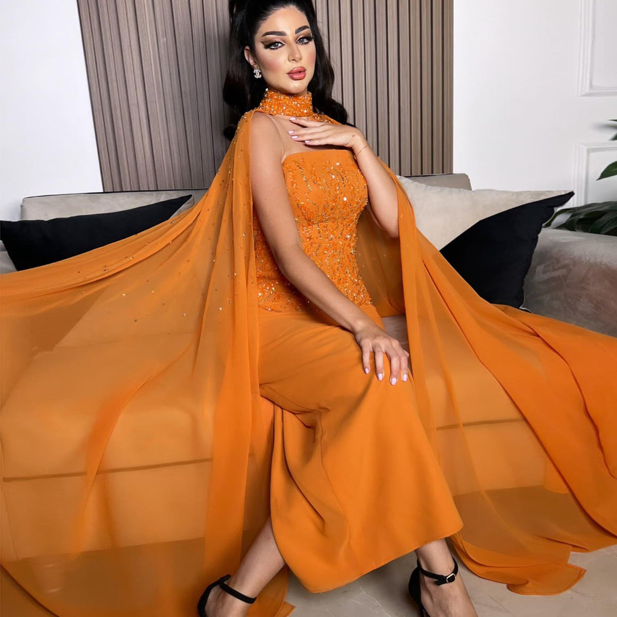Elegant Orange Strapless Evening Dress with Cape Sleeve SS299