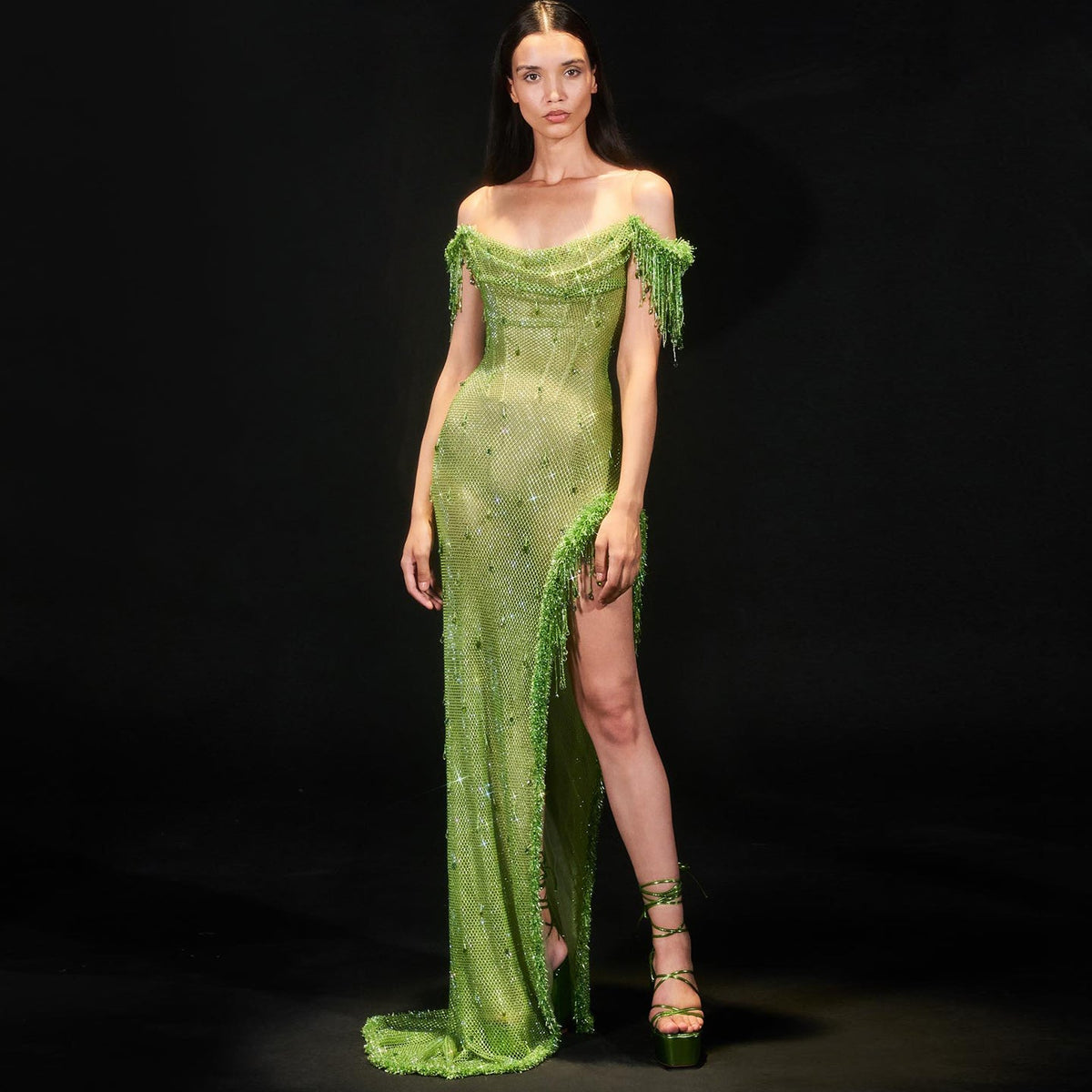 Luxury Crystal Sage Green Evening Dresses with Slit SS382