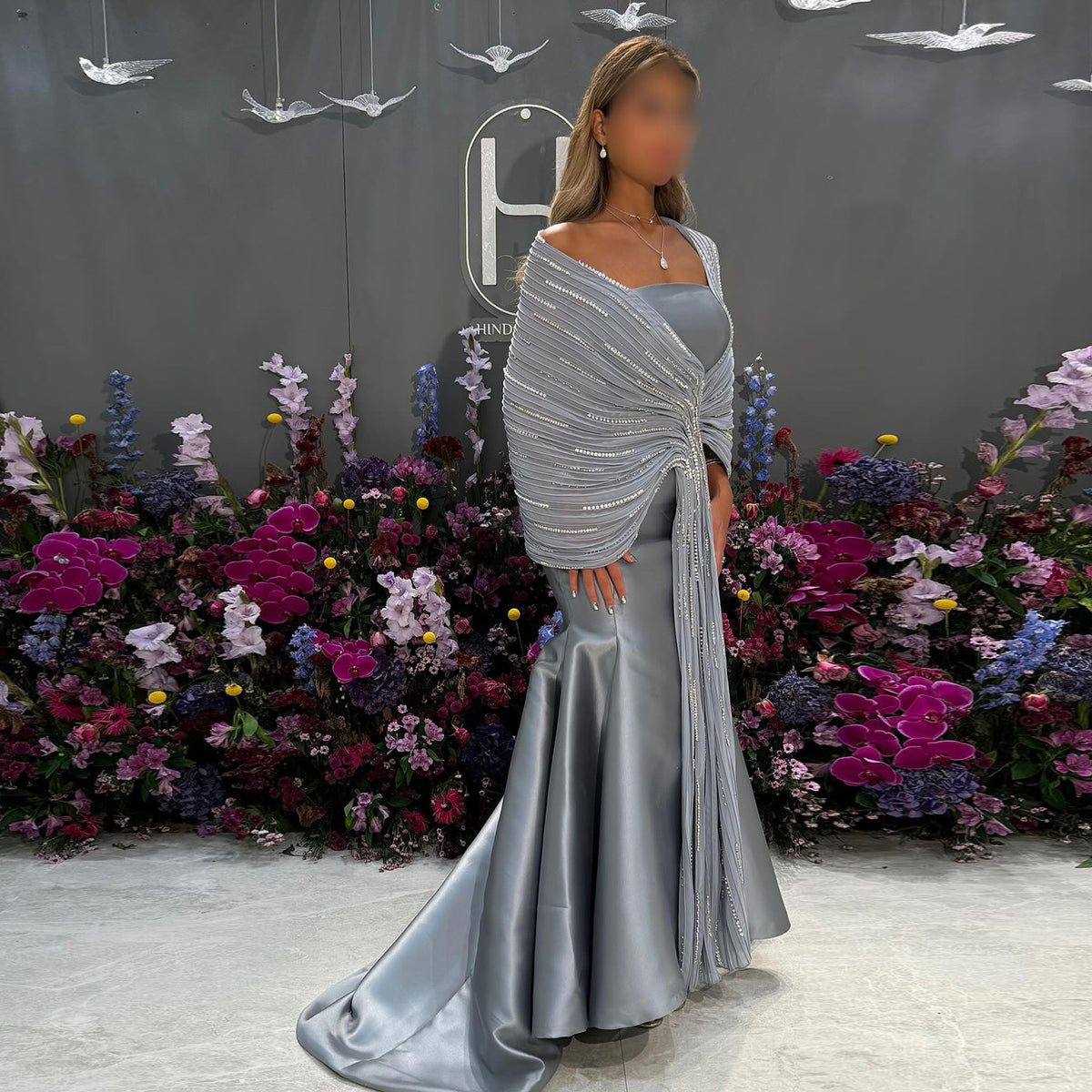 Luxury Gray Off Shoulder Evening Gown with Sparkly Shawl SF396