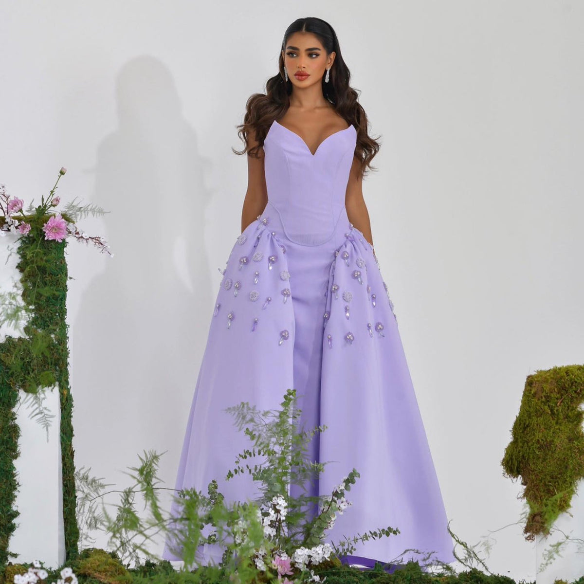 Luxury Pearls Stone Lilac A-Line Sweetheart Satin Evening Dress SS321A