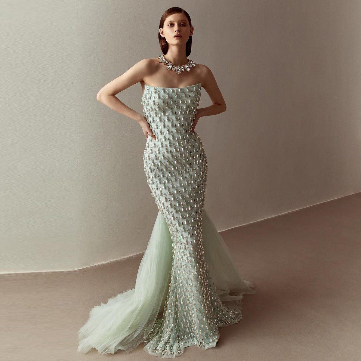 Luxury Pearls Sage Green Strapless Mermaid Evening Dress with Cape SS431