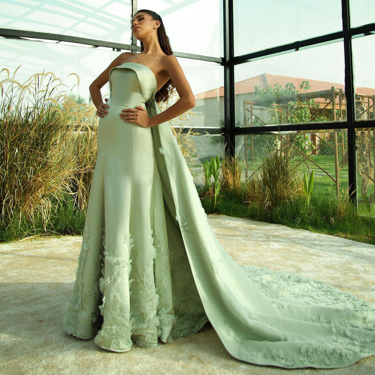 Luxury Crystal 3D Leaves Sage Green Sleeveless Evening Dress with Cape SS449