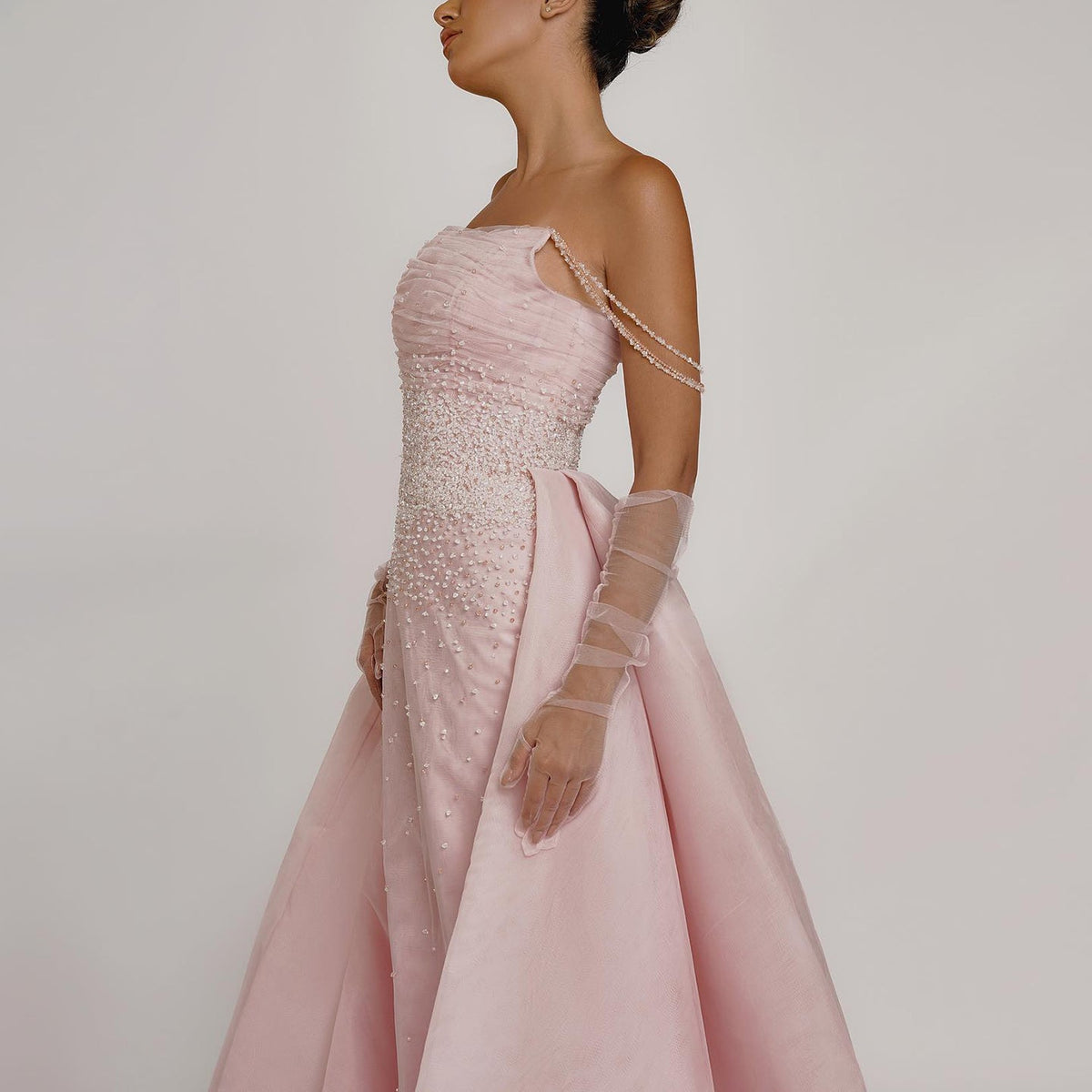 Luxury Beaded Pink Gloves Evening Dress with Overskirt SS429