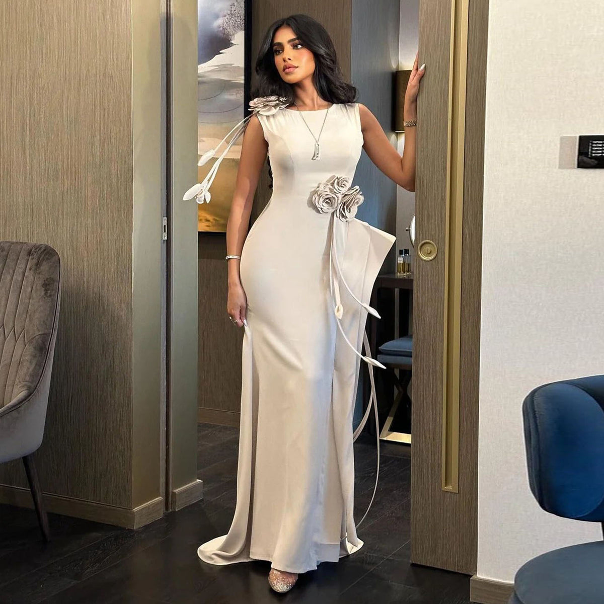 Luxury Khaki 3D Floral Evening Dress with Overskirt SF417