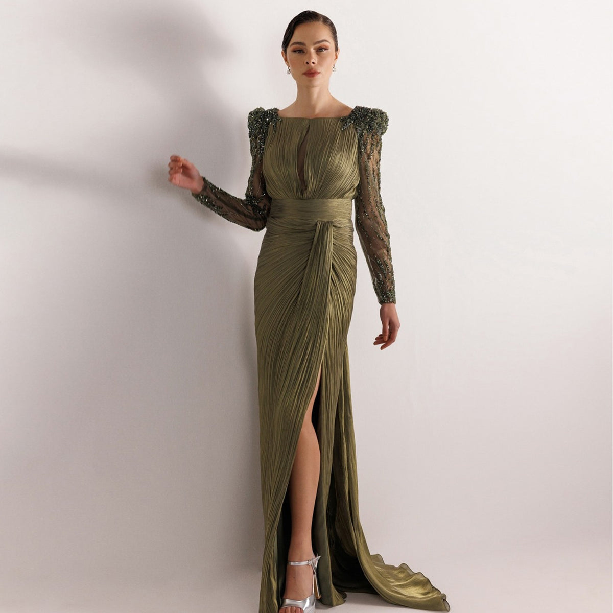 Luxury Beaded Long Sleeves Evening Dress with Overskirt SF410