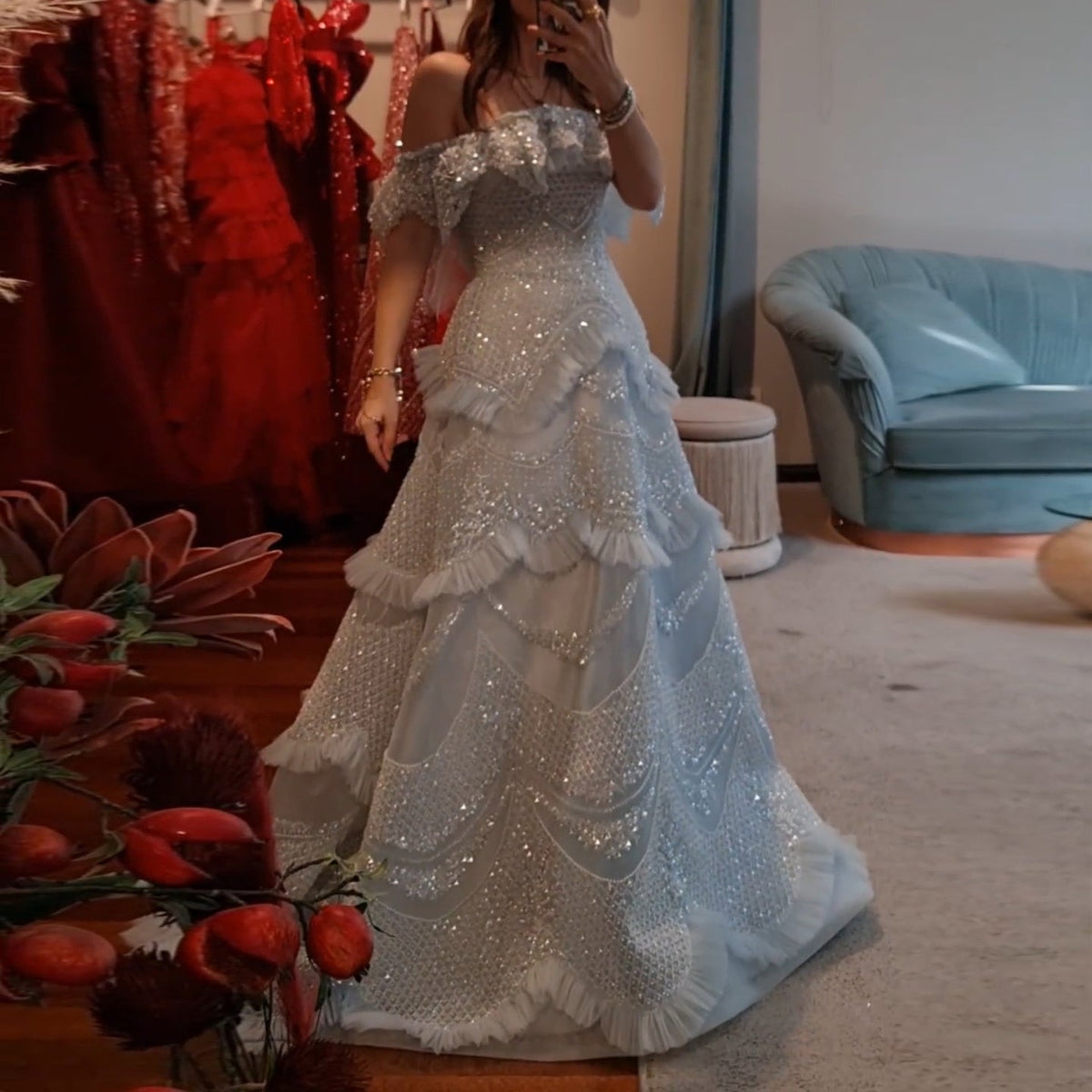 Luxury Pearls Silver Gray Off Shoulder A-Line Evening Dress SS485