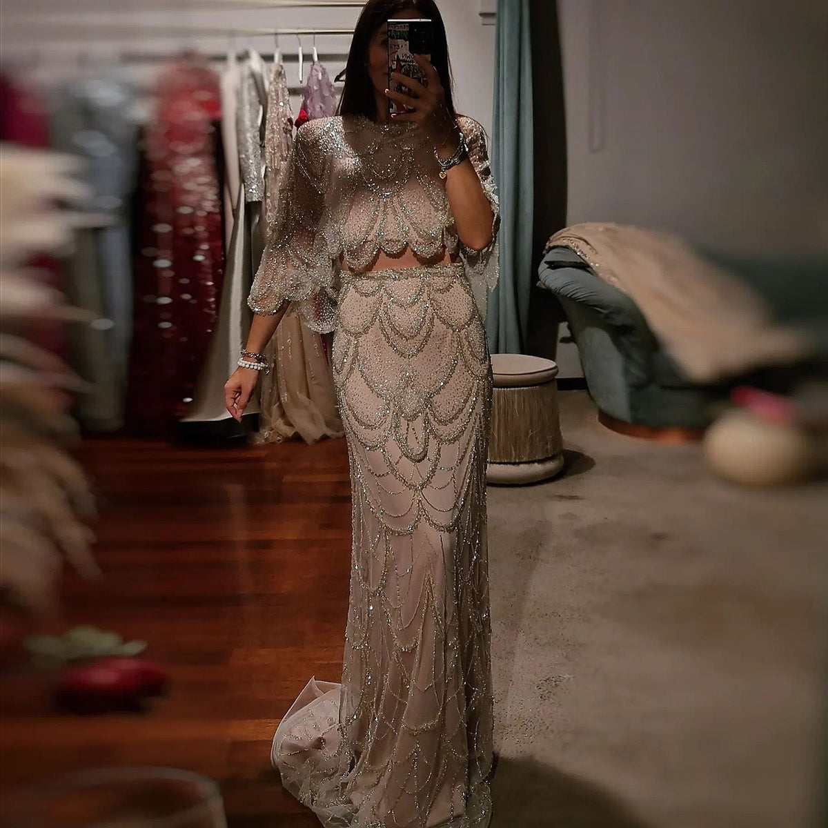 Luxury Beaded Nude Two Pieces Evening Dress SS646