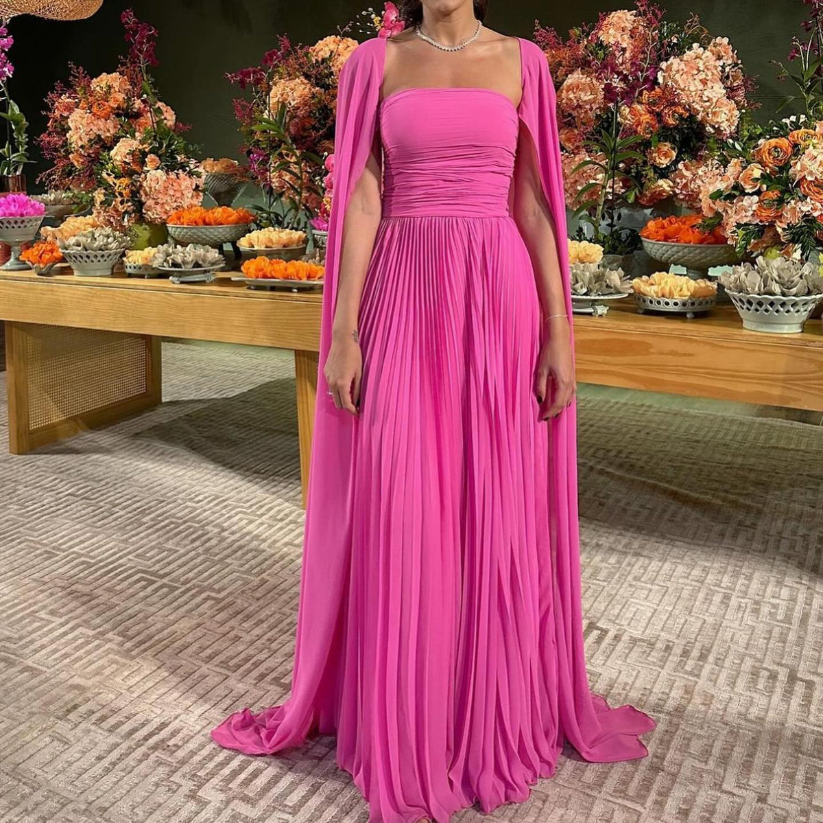 Elegant Fuchsia Strapless A-Line Evening Dress with Cape SF046
