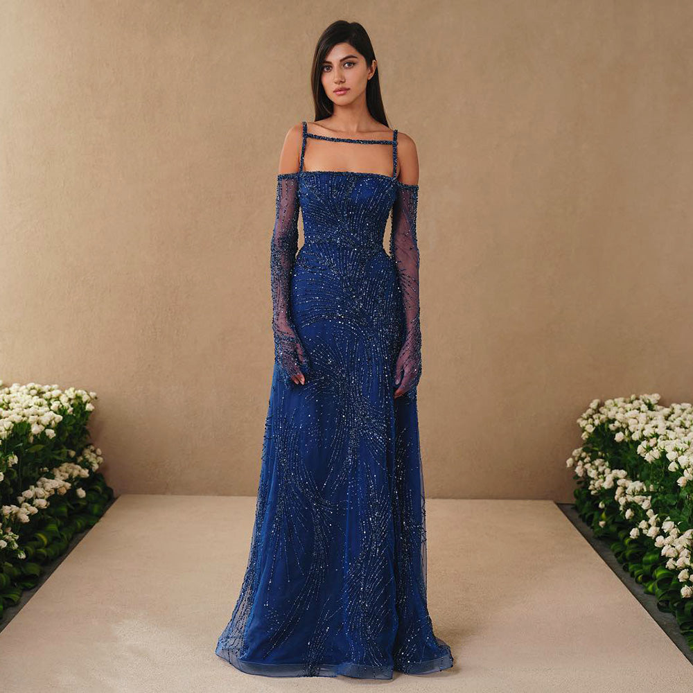 Elegant Beaded Navy Blue Evening Dress with Long Sleeves SS396