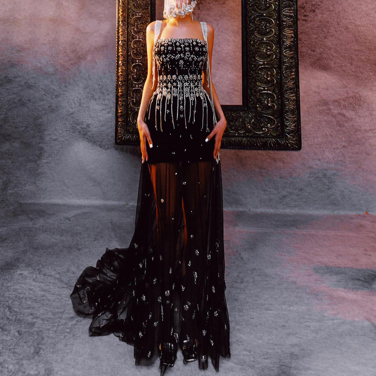 Luxury Crystal Tassel Black Evening Dress with Straps / Cape SS294