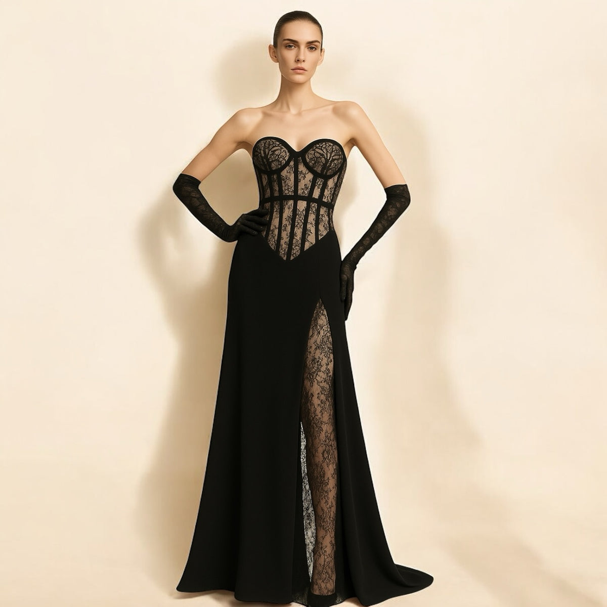 Elegant Lace pattern Strapless Black Evening Dress with Gloves and Slit SF201