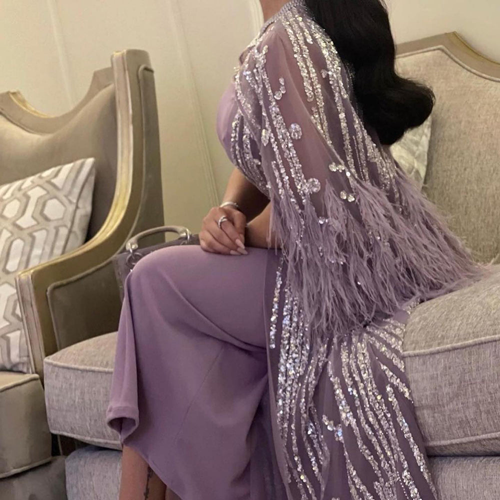 Dreamy Vow Light Yellow Luxury Dubai Feathers Evening Dresses for Women Wedding Party Arabic Purple Formal Prom Gowns 430