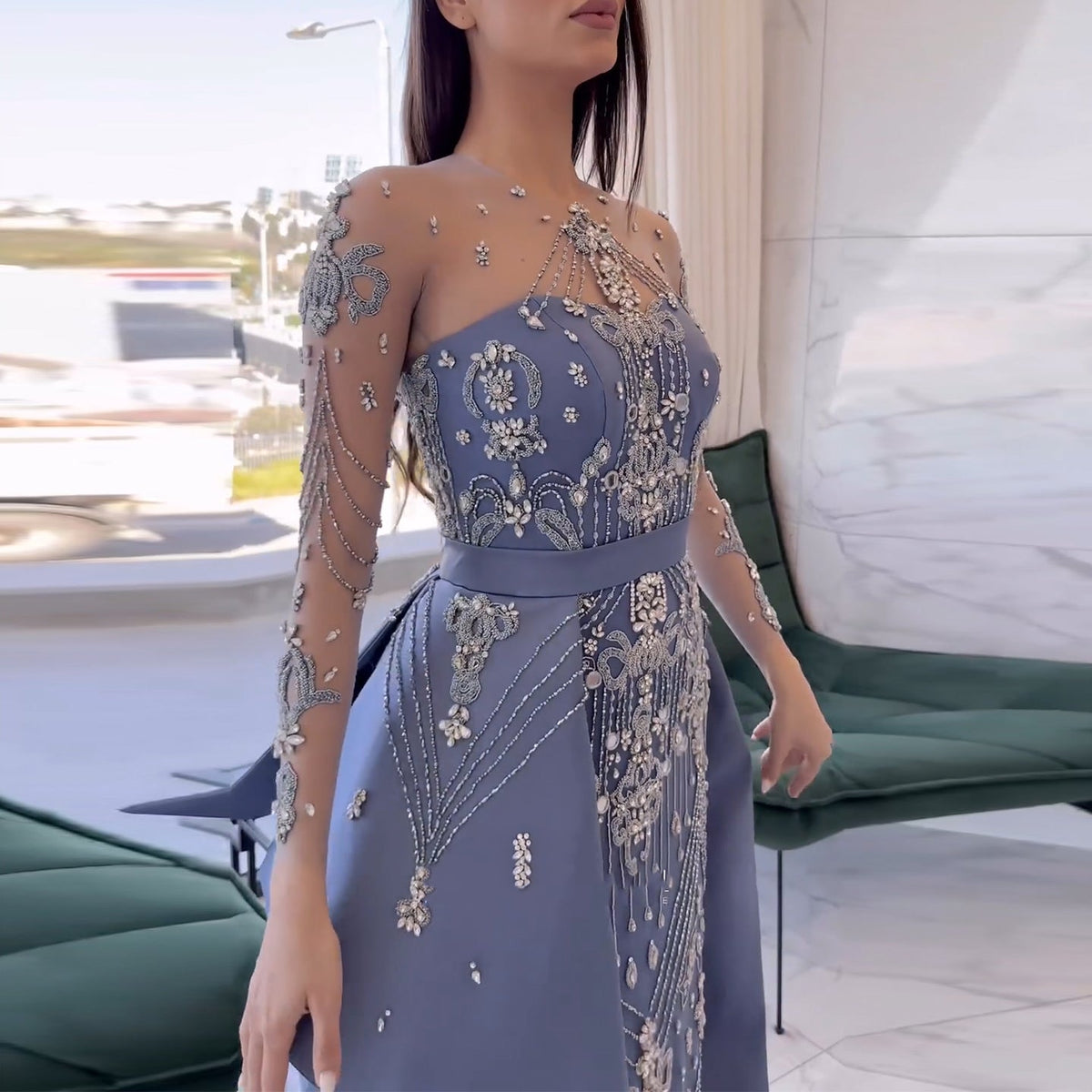 Luxury Beaded Blue Long Sleeves Evening Dresses with Overskirt SS324