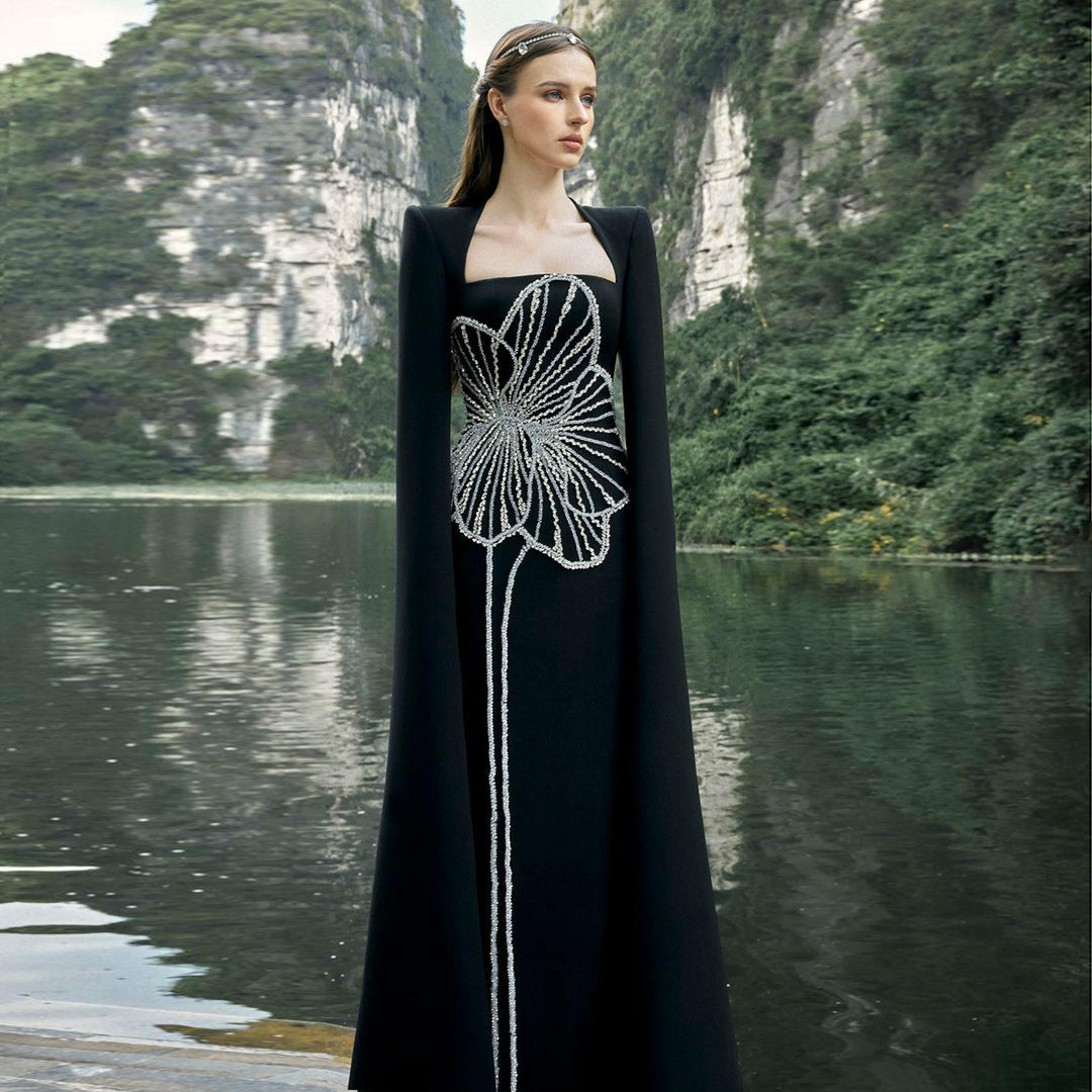 Elegant Beaded Black Long Evening Dress with Cape Sleeves SS275