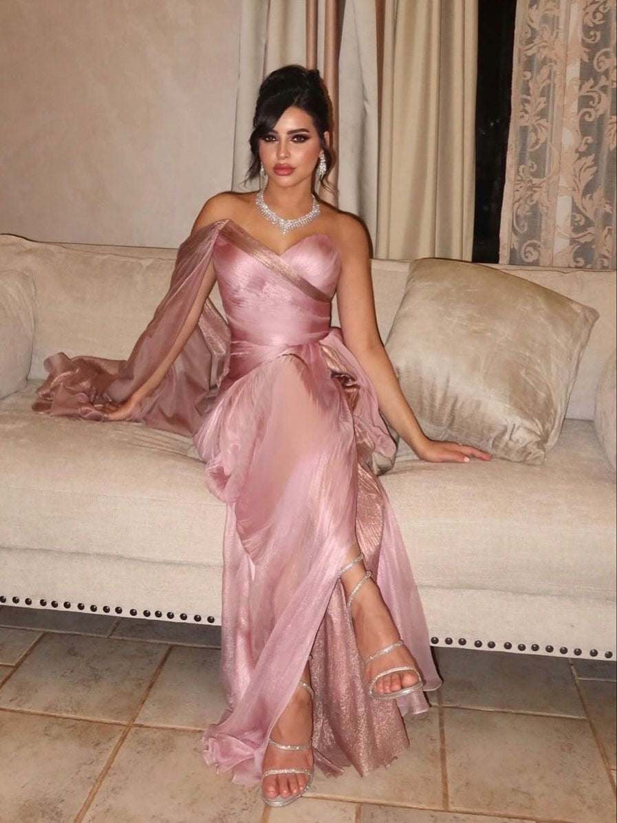 Luxury Light Pink Draped Evening Dress with cap SF028