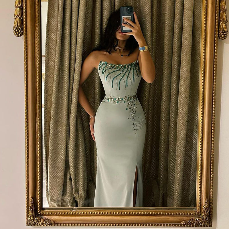 Luxury Turquoise Crystal Long Mermaid Satin Evening Dress SS331
