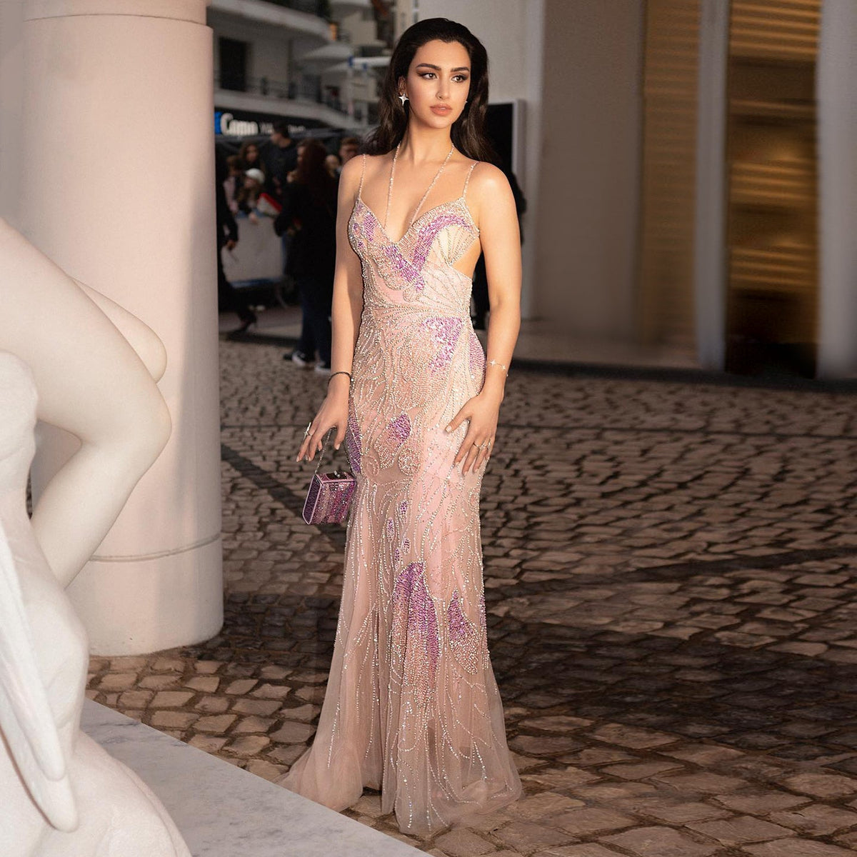 Luxury Mermaid Pink Evening Dress with Feathers Scarf SS478