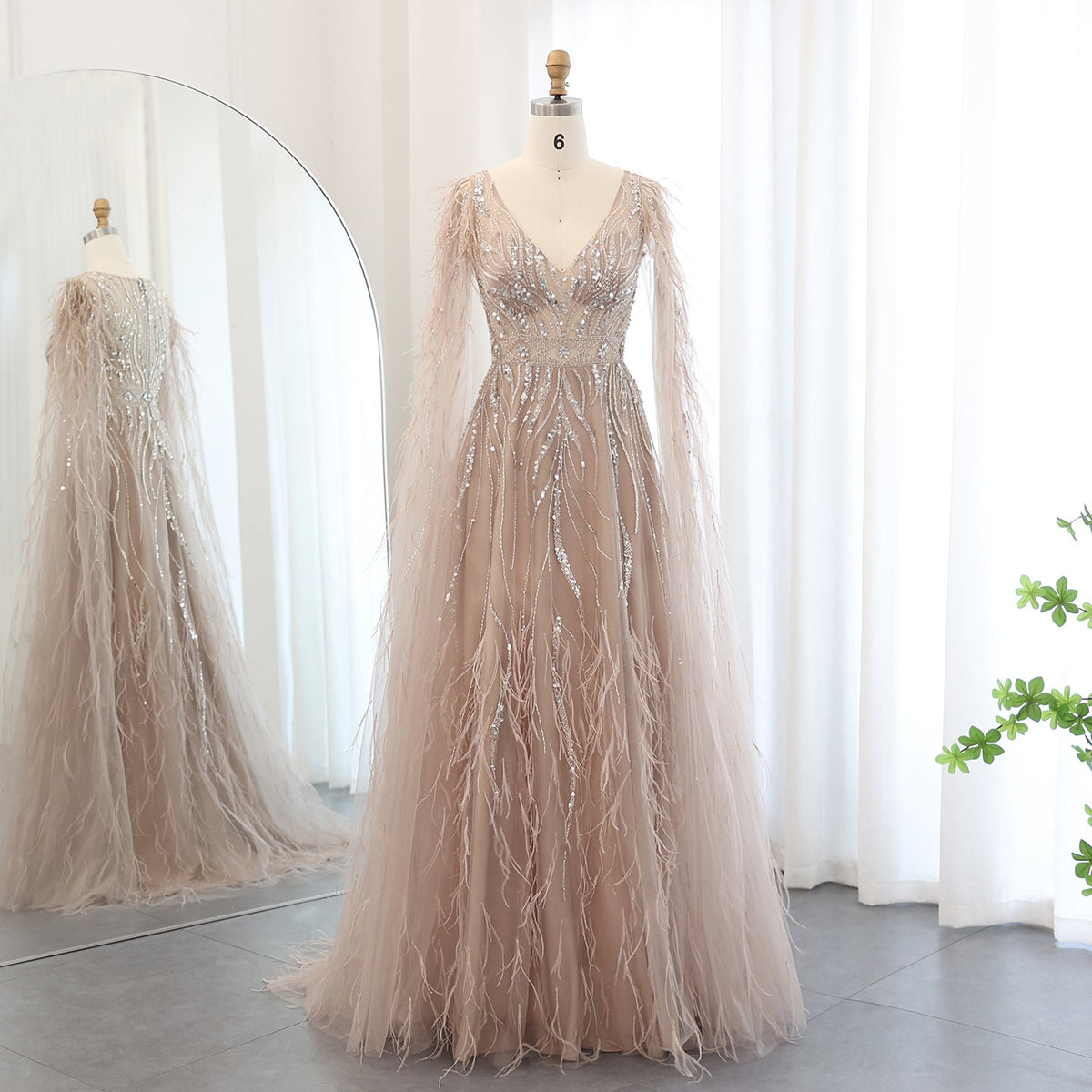 Luxury Feathers Nude A-line Evening Dresses with Cape Sleeves SS186