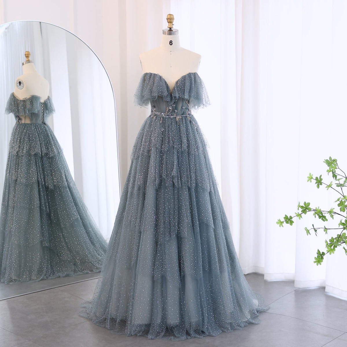 Sparkly Crystal Blue A-Line Sweetheart Tiered Ruffles Evening Dress SS017