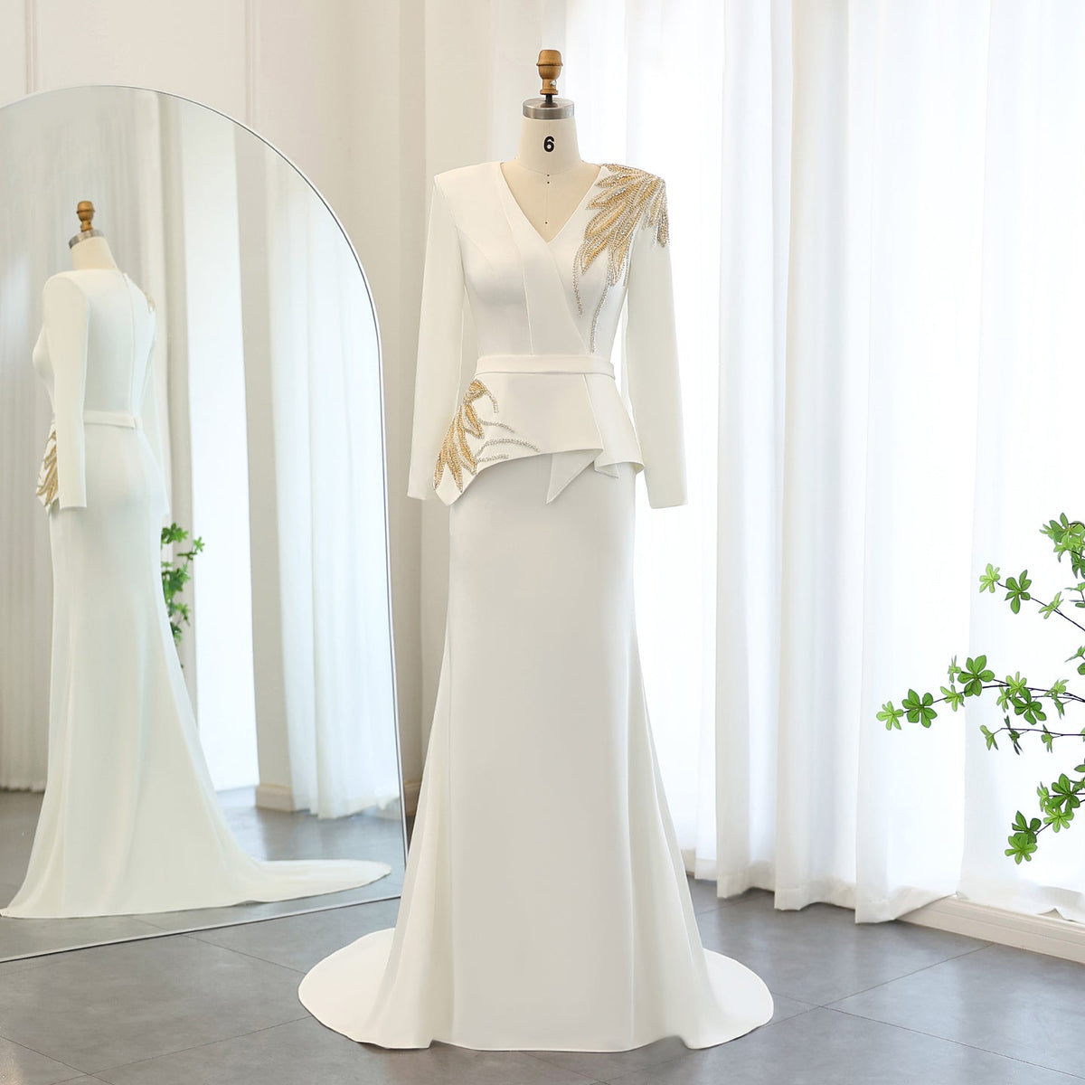 Elegant White Mermaid Evening Dress with Gold Beaded SS283