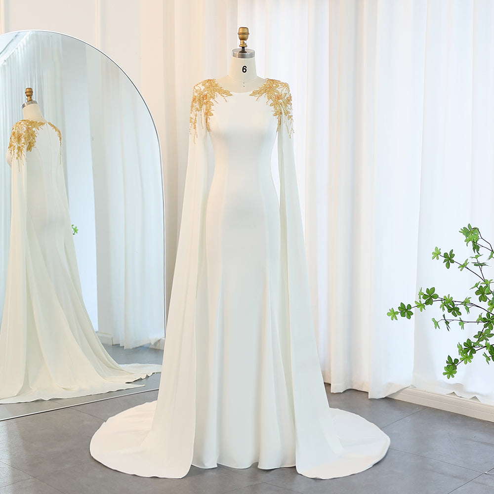 Elegant Beaded White Evening Dress with Cape Sleeves SS285
