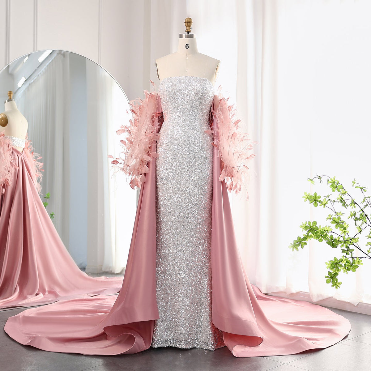 Luxury Feathers White Sequined Mermaid Evening Dress with Cape Sleeves SS235